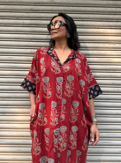 Brick Ajrakh Cotton Kaftan Dress