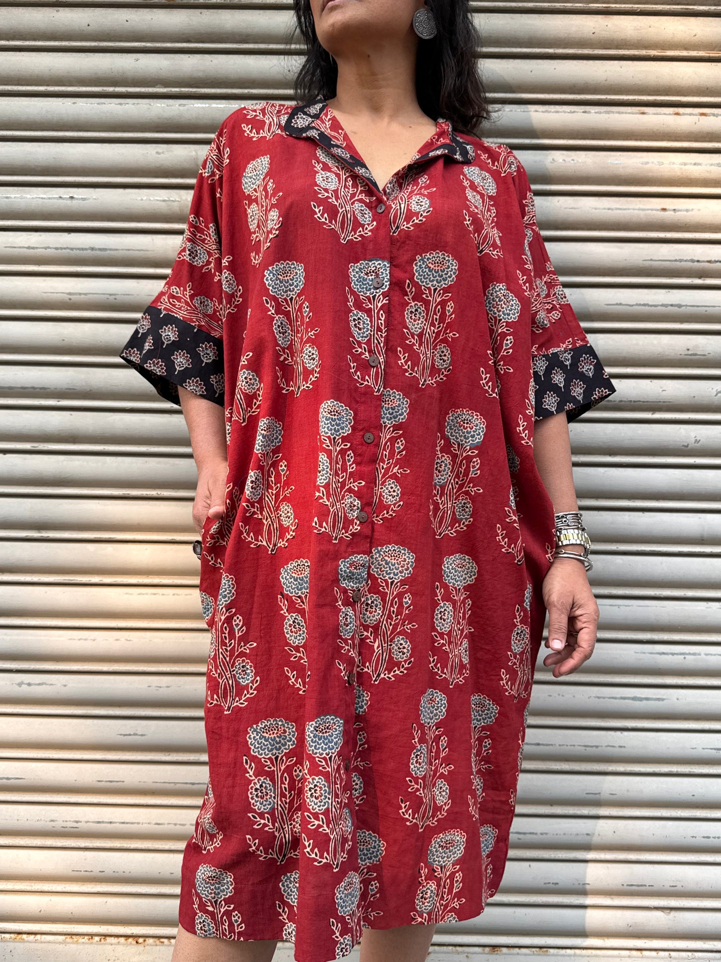 Brick Ajrakh Cotton Kaftan Dress