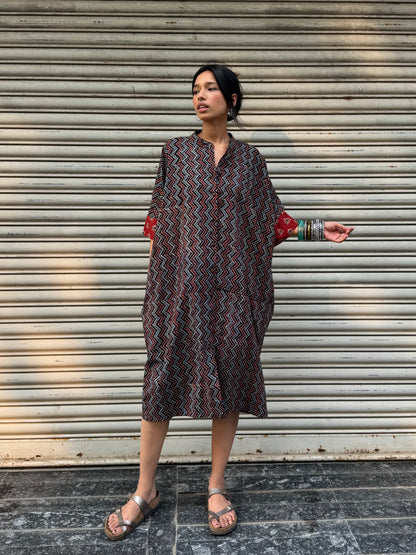 Shadow Ajrakh Cotton Kaftan Dress (READY TO DISPATCH)