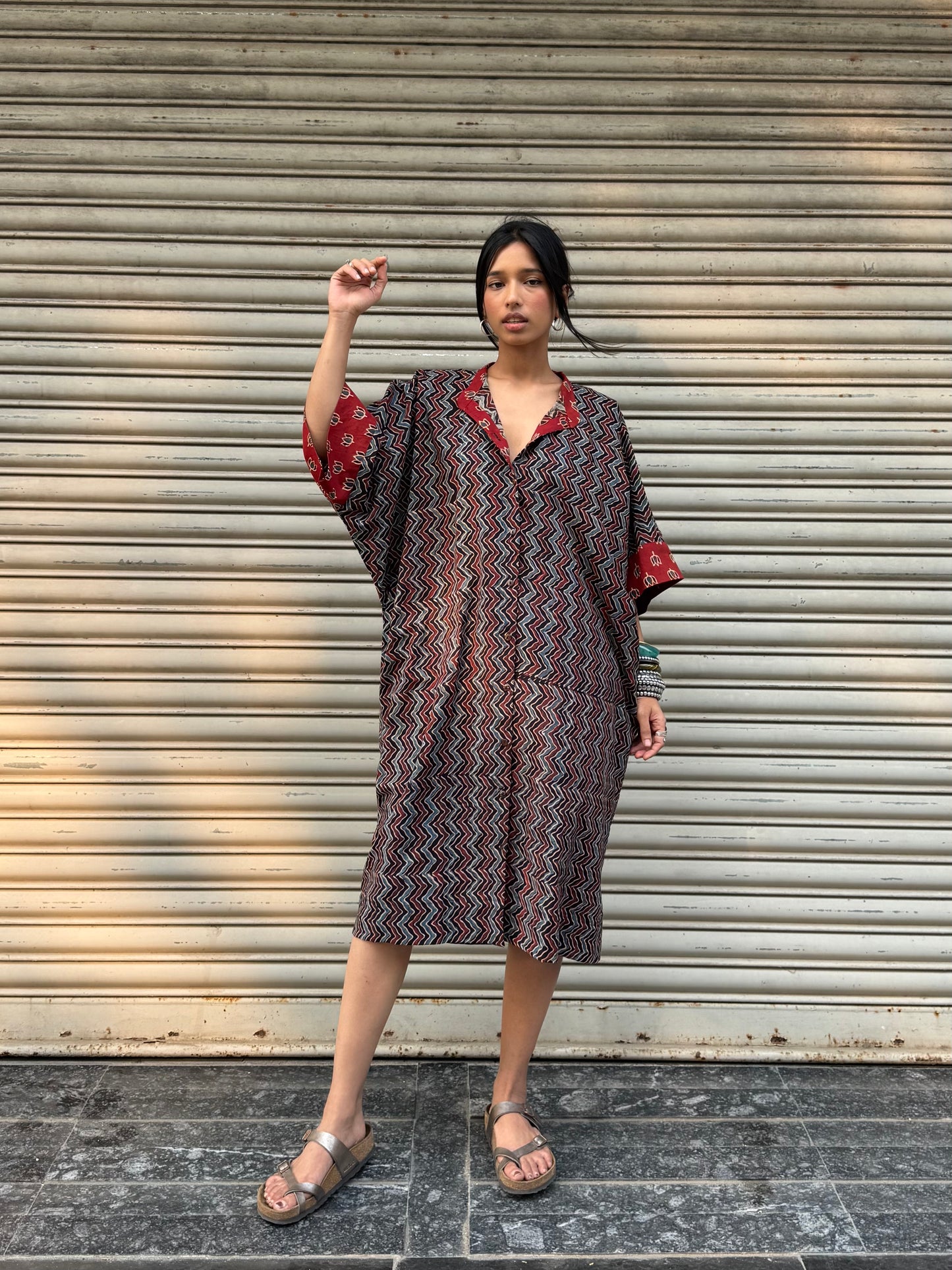 Shadow Ajrakh Cotton Kaftan Dress (READY TO DISPATCH)