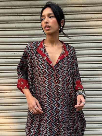 Shadow Ajrakh Cotton Kaftan Dress (READY TO DISPATCH)
