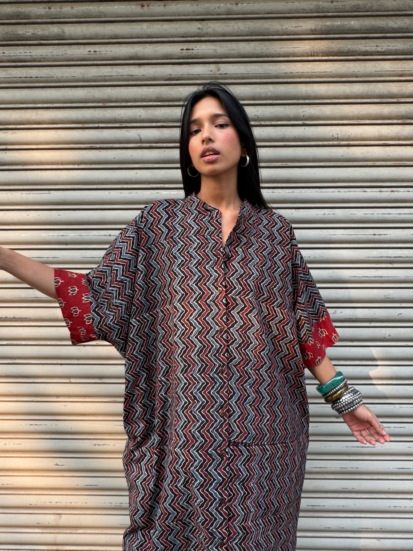 Shadow Ajrakh Cotton Kaftan Dress (READY TO DISPATCH)