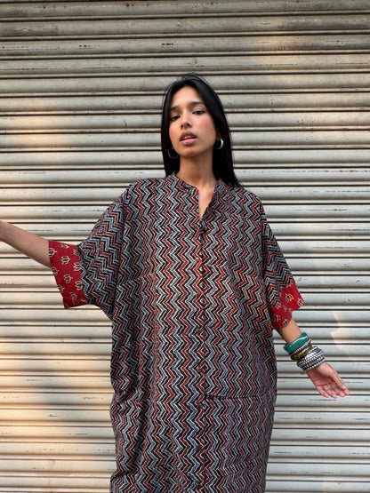 Shadow Ajrakh Cotton Kaftan Dress (READY TO DISPATCH)