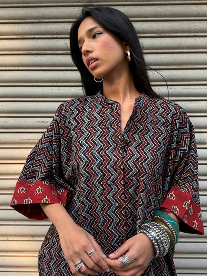 Shadow Ajrakh Cotton Kaftan Dress (READY TO DISPATCH)