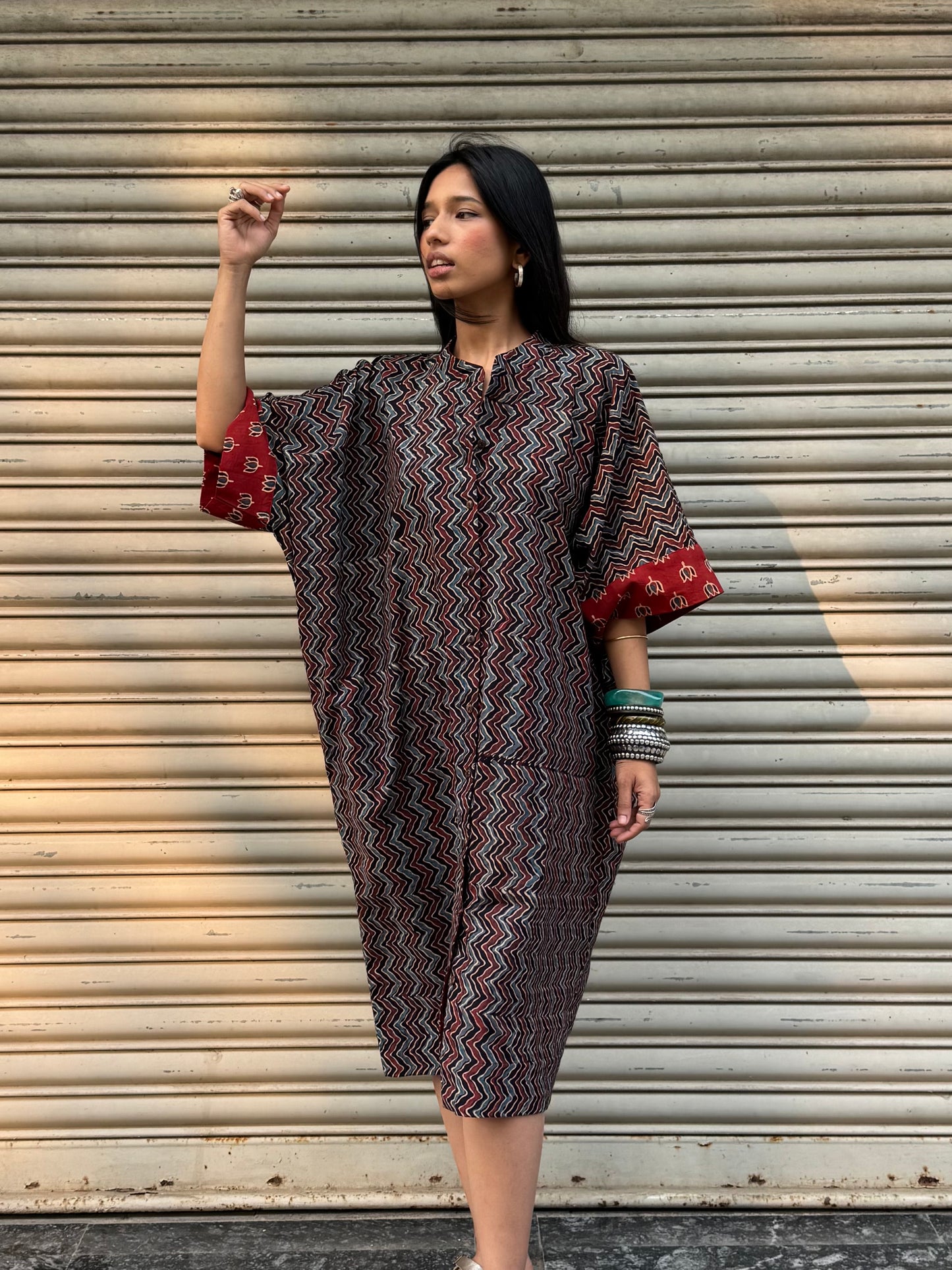 Shadow Ajrakh Cotton Kaftan Dress (READY TO DISPATCH)