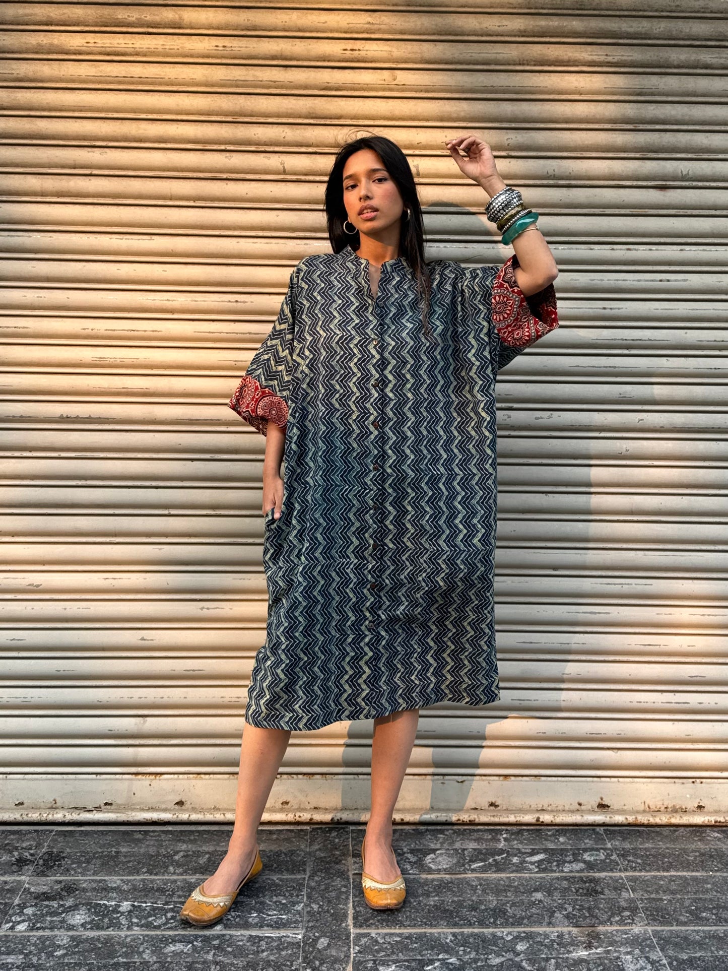 Lagoon Ajrakh Cotton Kaftan Dress