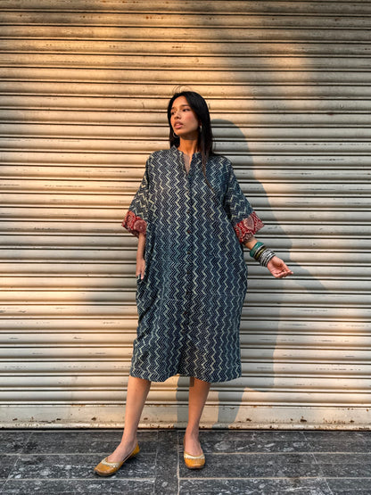 Lagoon Ajrakh Cotton Kaftan Dress