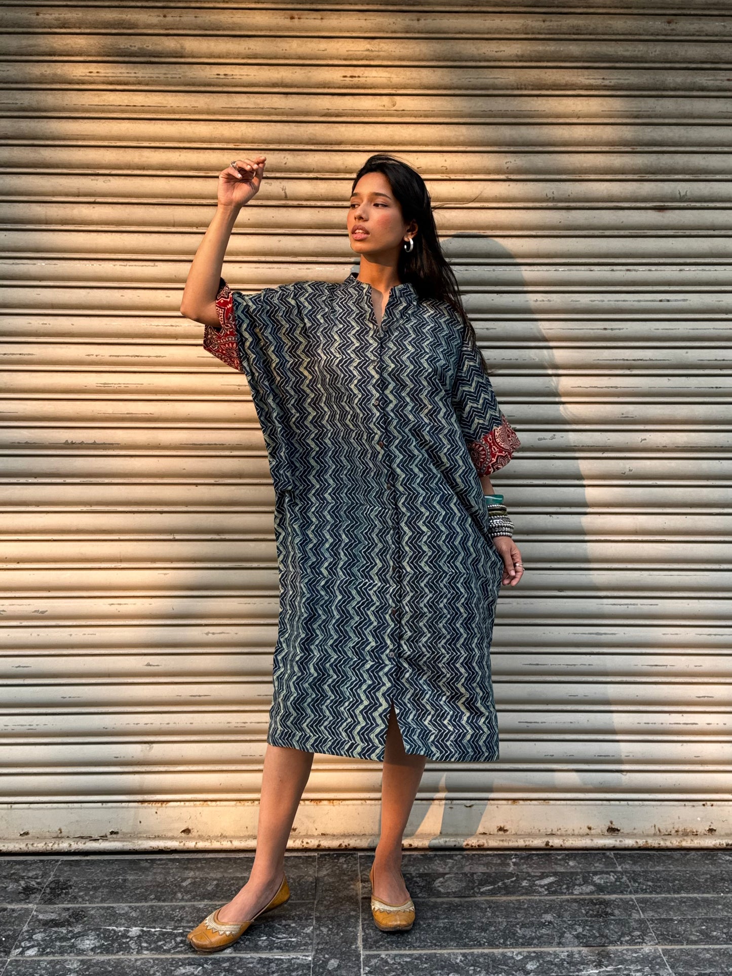 Lagoon Ajrakh Cotton Kaftan Dress