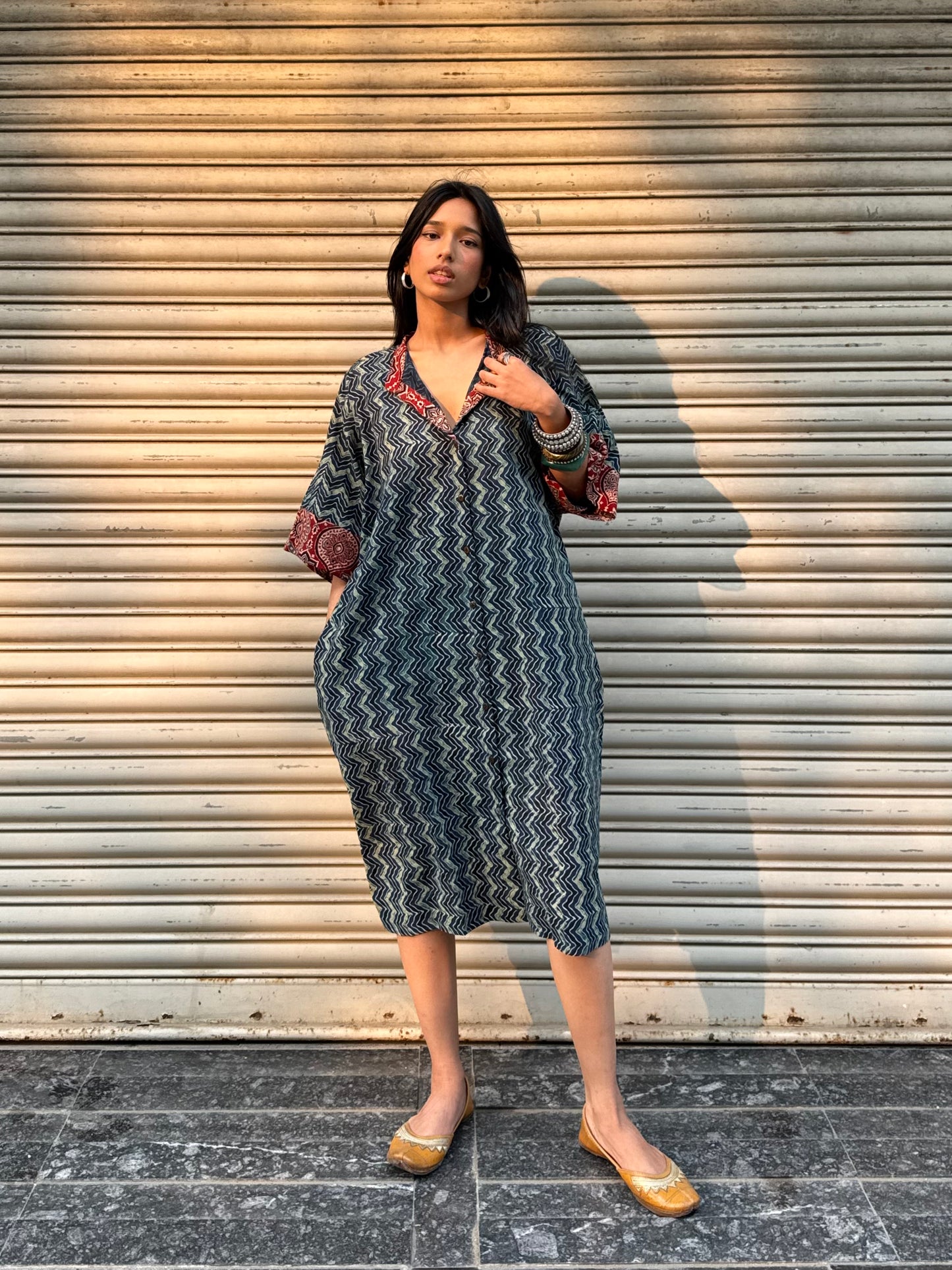 Lagoon Ajrakh Cotton Kaftan Dress