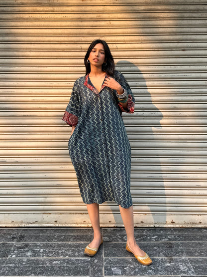 Lagoon Ajrakh Cotton Kaftan Dress