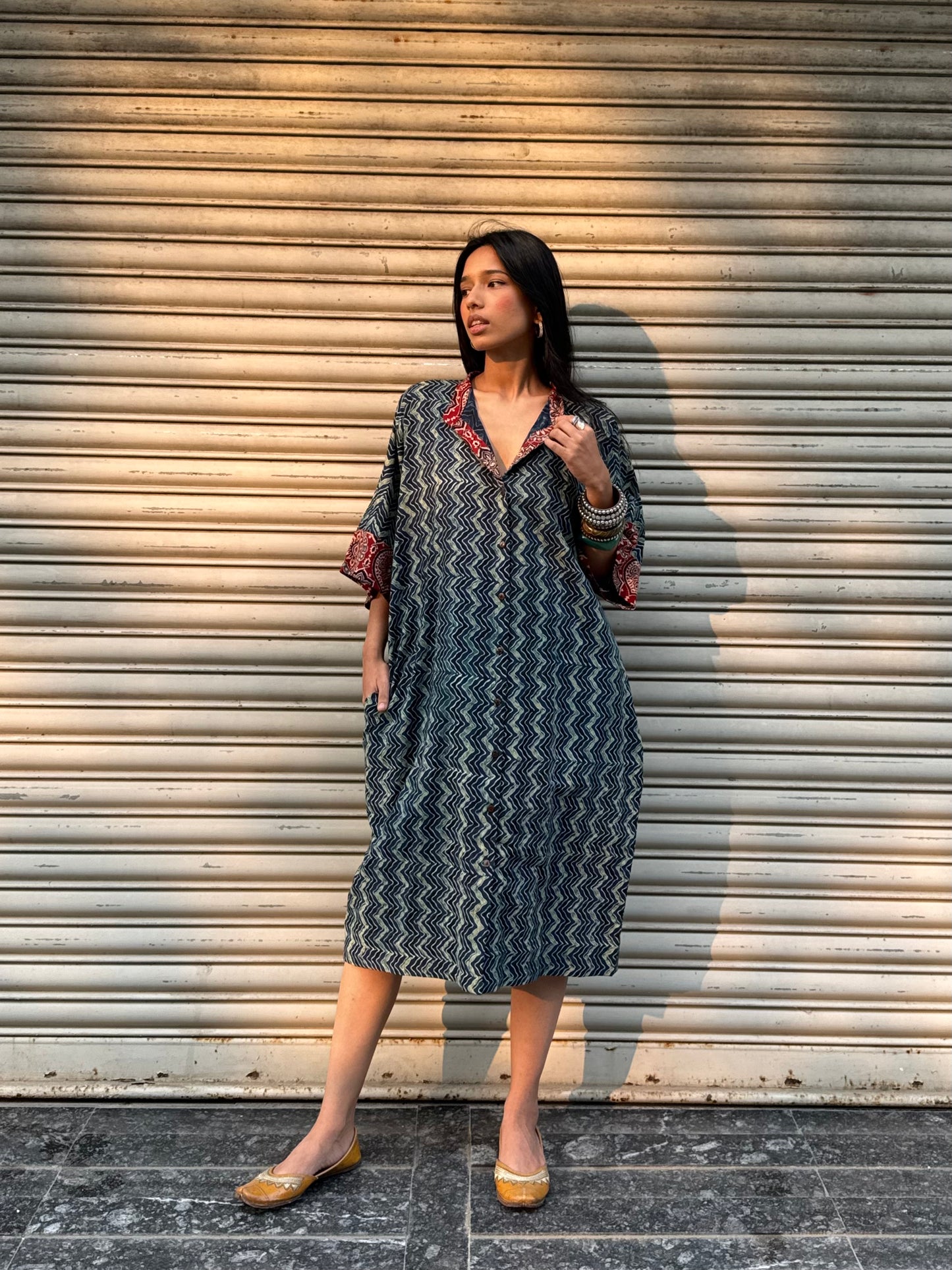 Lagoon Ajrakh Cotton Kaftan Dress