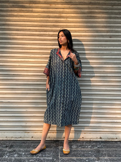 Lagoon Ajrakh Cotton Kaftan Dress