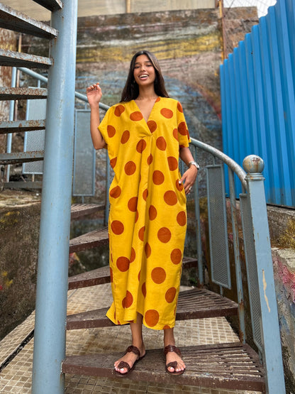 Mustard Polka pleat dress