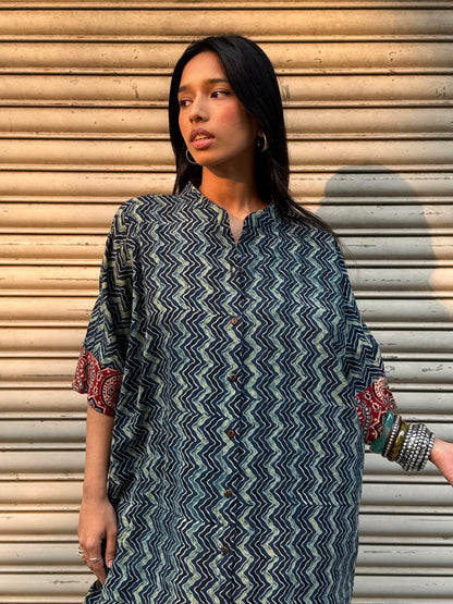 Lagoon Ajrakh Cotton Kaftan Dress