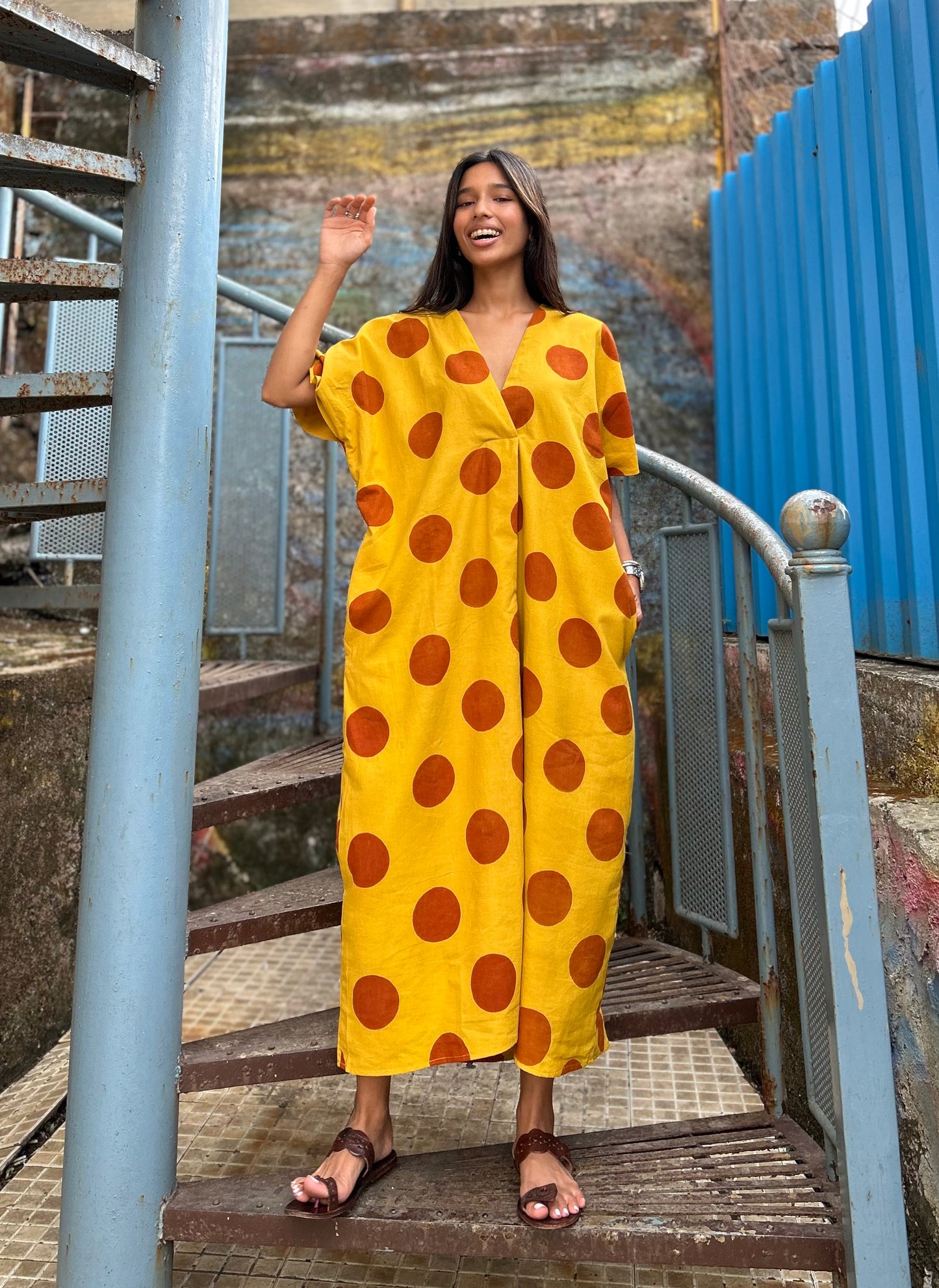 Mustard Polka pleat dress