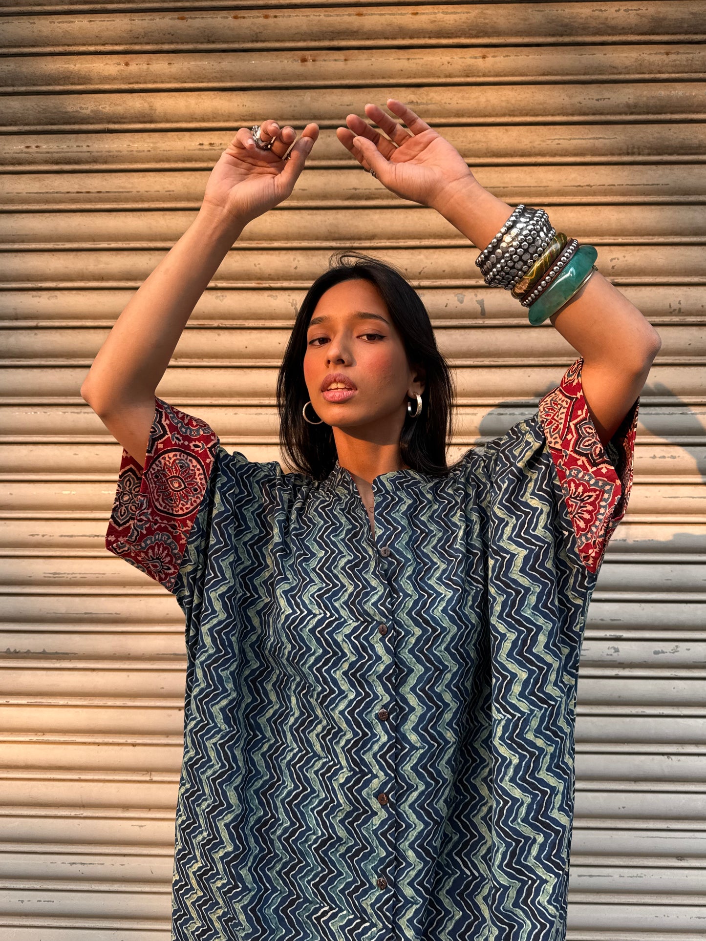Lagoon Ajrakh Cotton Kaftan Dress