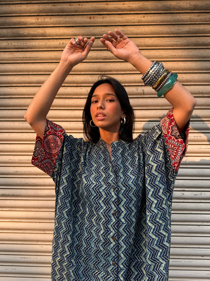 Lagoon Ajrakh Cotton Kaftan Dress
