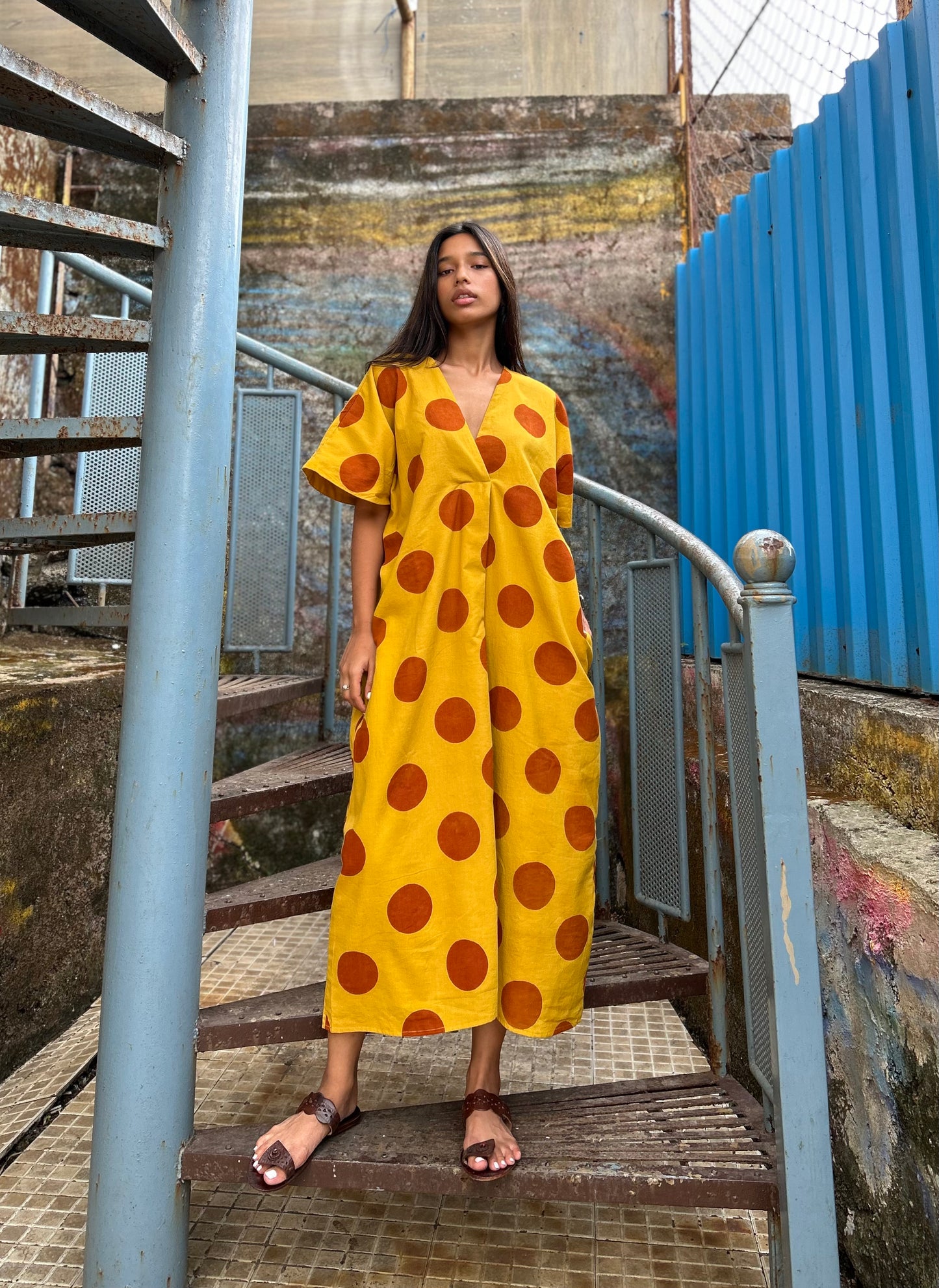 Mustard Polka pleat dress