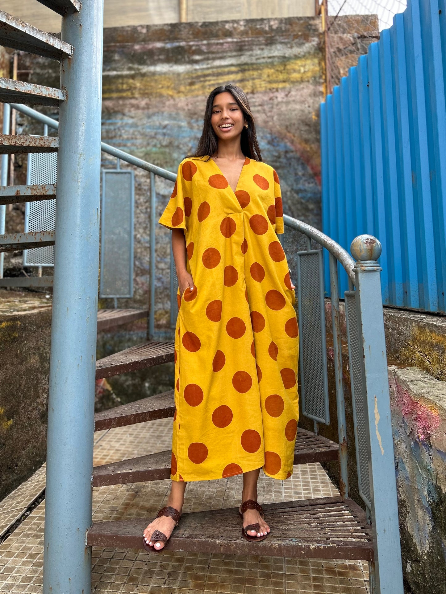 Mustard Polka pleat dress