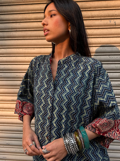 Lagoon Ajrakh Cotton Kaftan Dress
