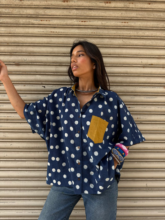 Polka Indigo Cotton Shirt (READY TO DISPATCH)