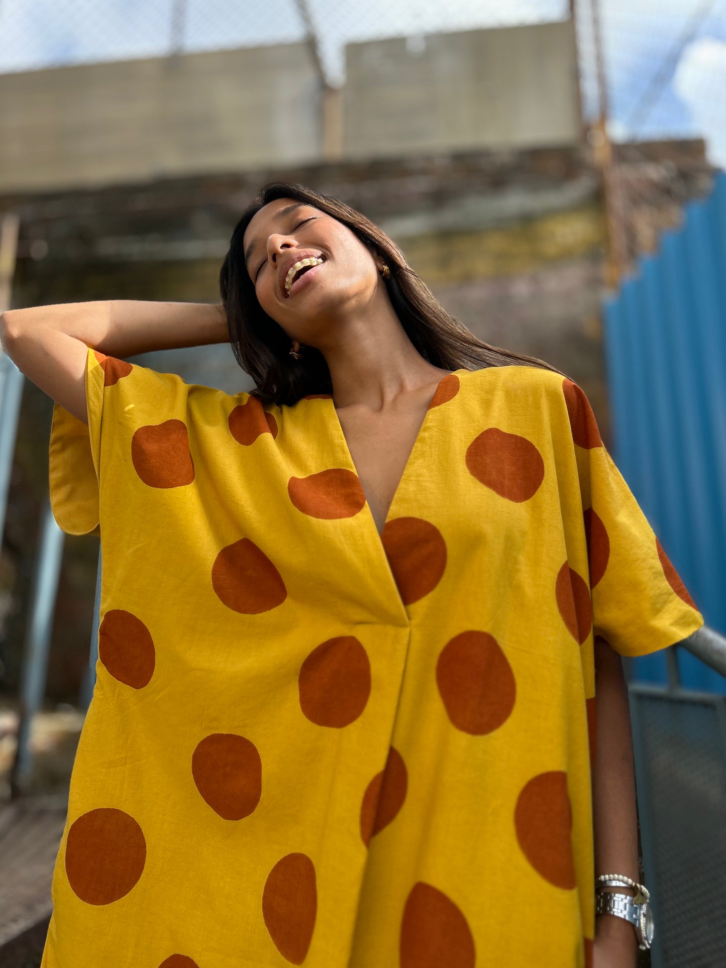 Mustard Polka pleat dress