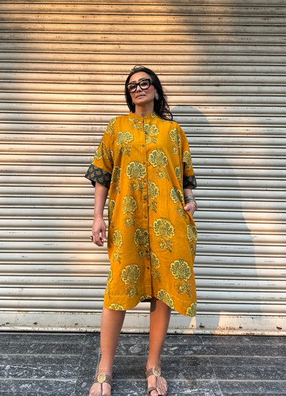 Mustard Ajrakh Cotton Kaftan Dress
