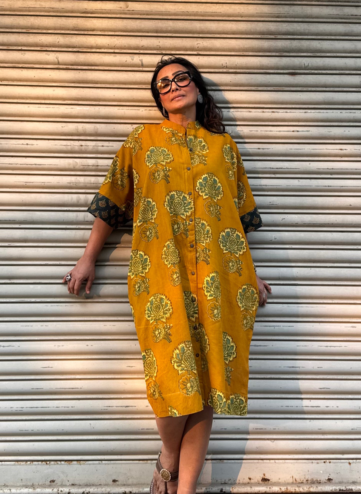 Mustard Ajrakh Cotton Kaftan Dress