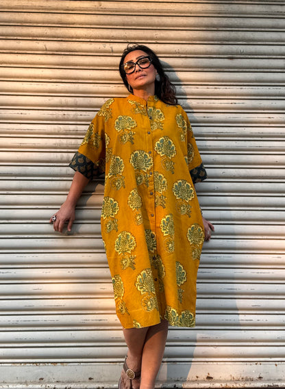 Mustard Ajrakh Cotton Kaftan Dress