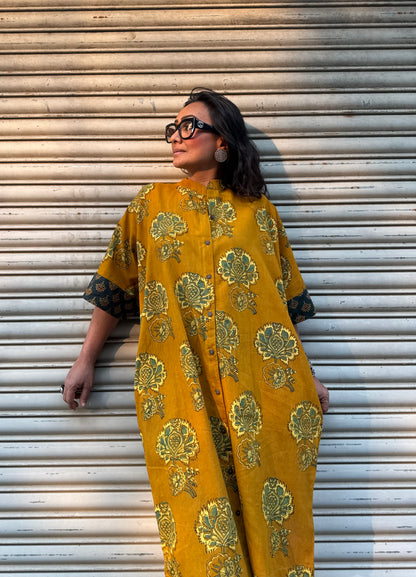 Mustard Ajrakh Cotton Kaftan Dress