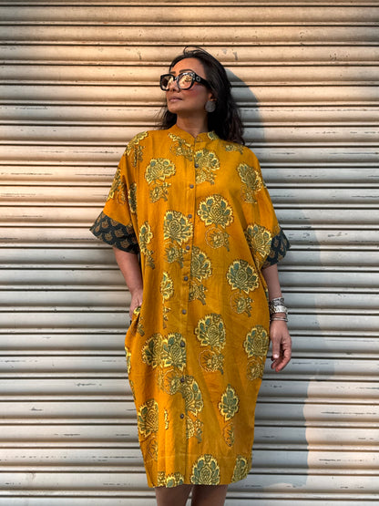 Mustard Ajrakh Cotton Kaftan Dress