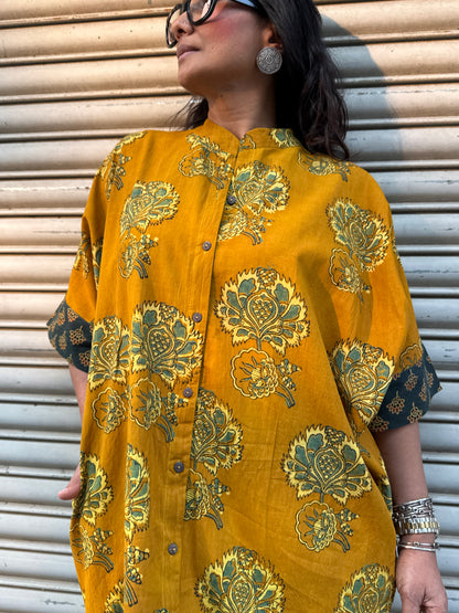 Mustard Ajrakh Cotton Kaftan Dress