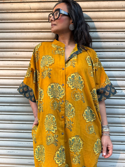 Mustard Ajrakh Cotton Kaftan Dress