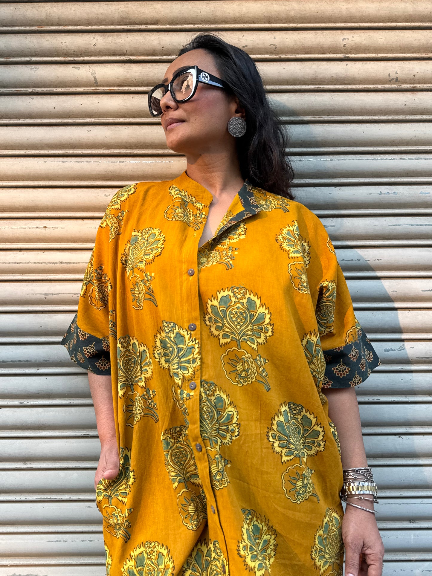 Mustard Ajrakh Cotton Kaftan Dress