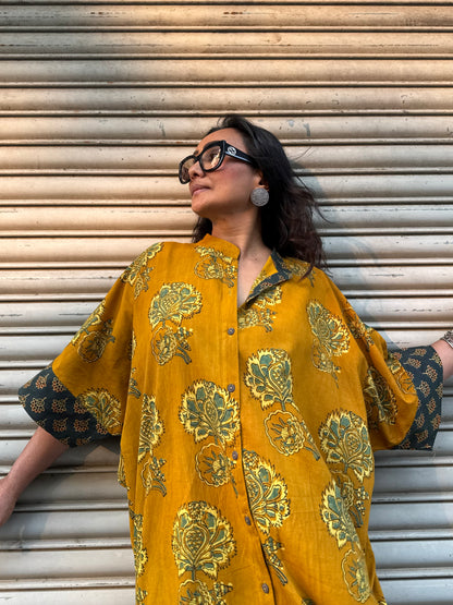 Mustard Ajrakh Cotton Kaftan Dress