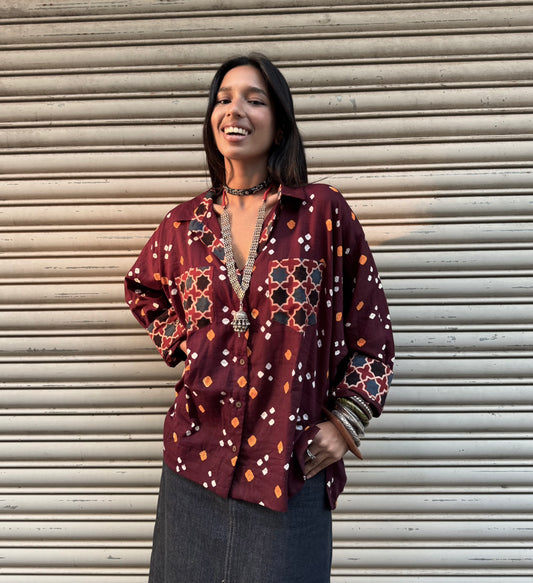 Walnut Bandhani Cotton Shirt  (READY TO DISPATCH)