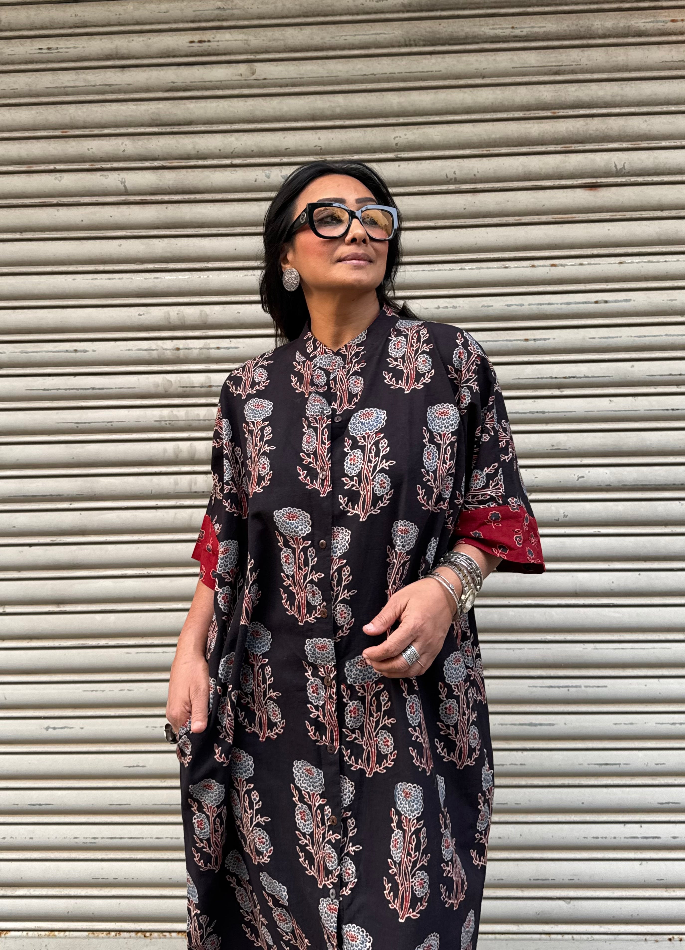 Midnight Ajrakh Cotton Kaftan Dress