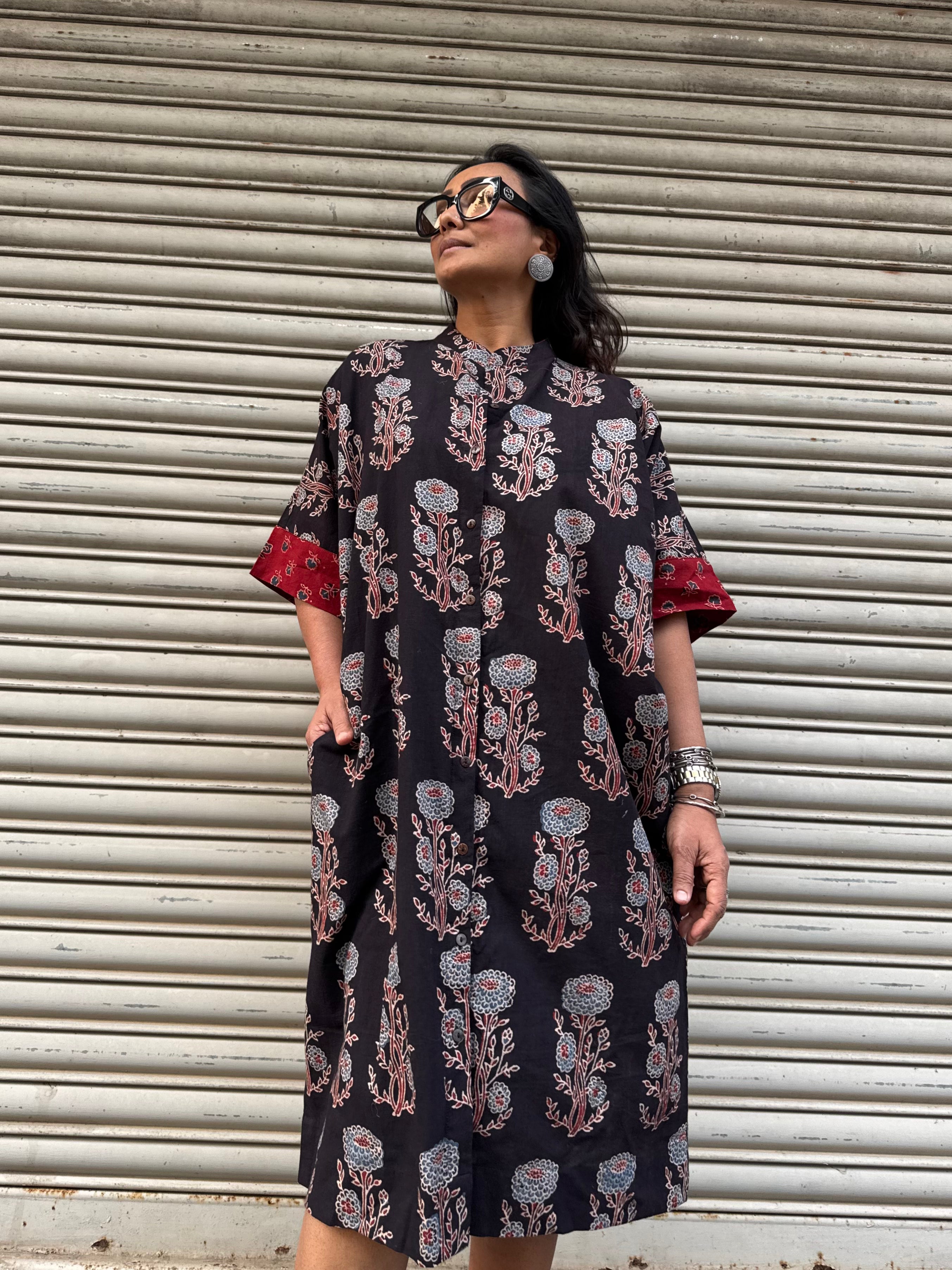 Midnight Ajrakh Cotton Kaftan Dress
