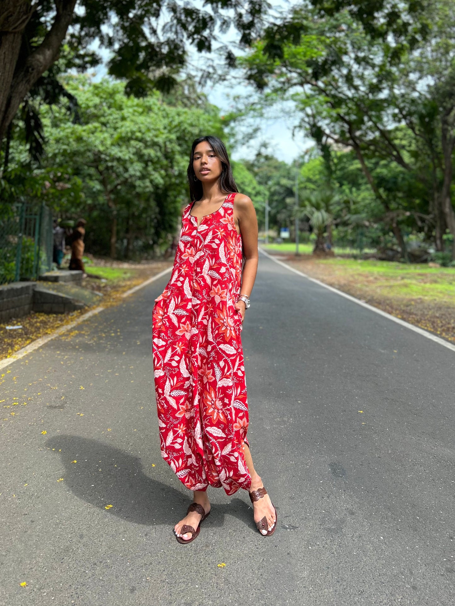 Red fleur dhoti jumpsuit