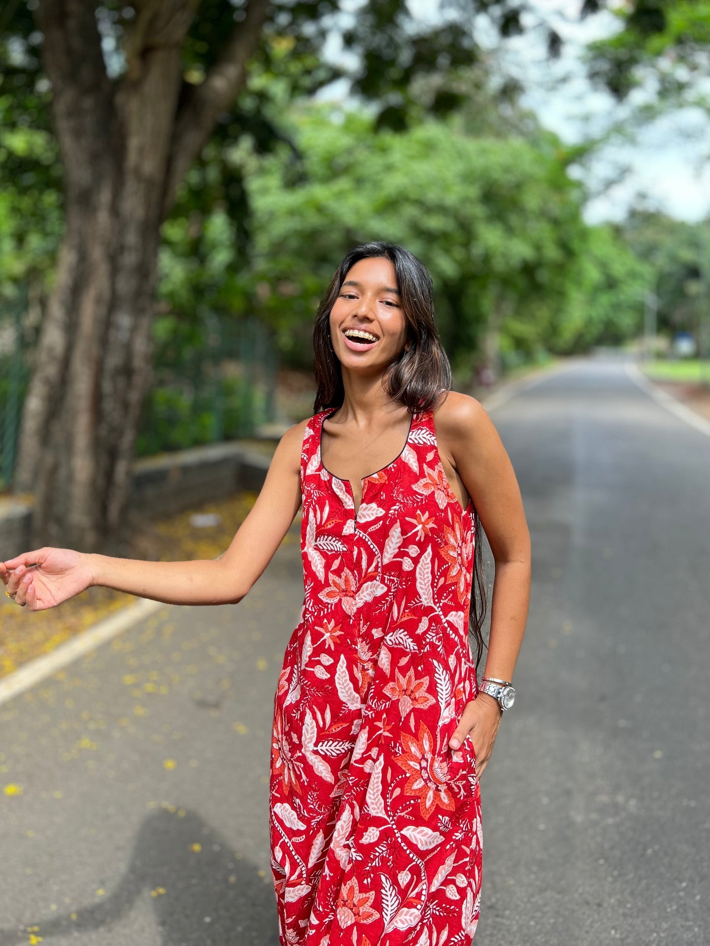 Red fleur dhoti jumpsuit