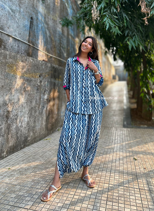Leheriya Indigo Shirt dhoti co-ord