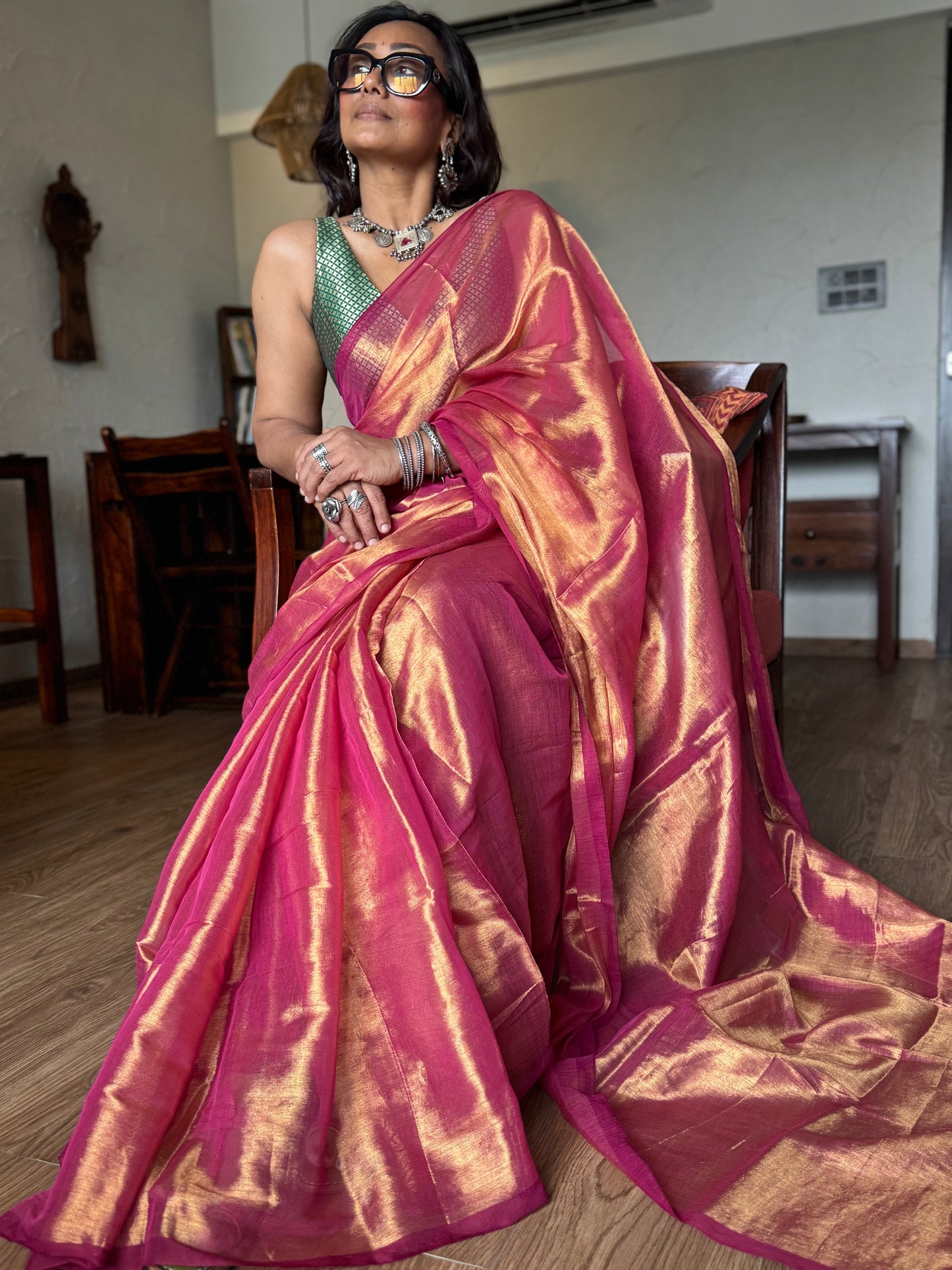 Peach Gold Tissue Silk Saree