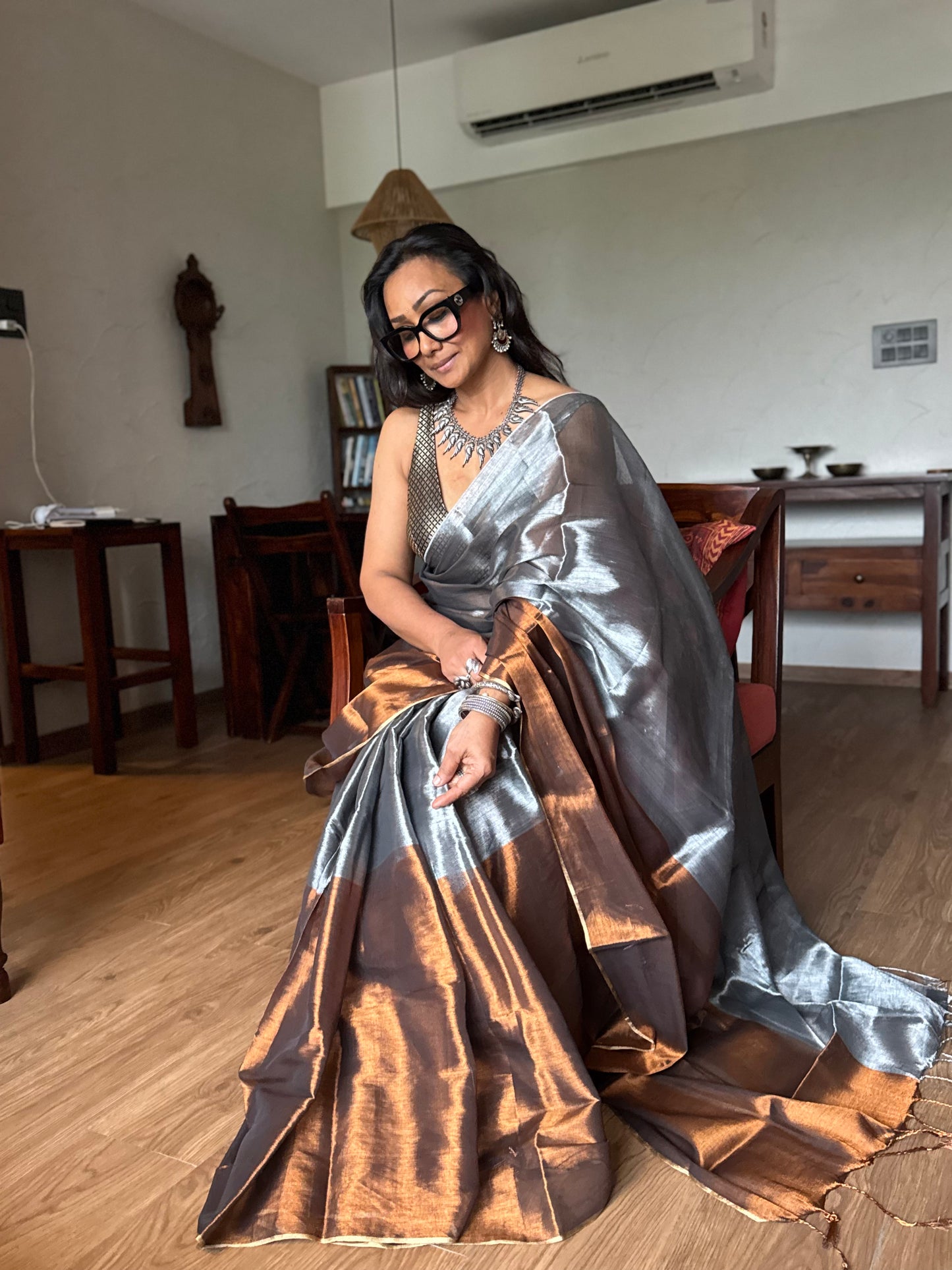 Silver Copper Tissue Silk Saree