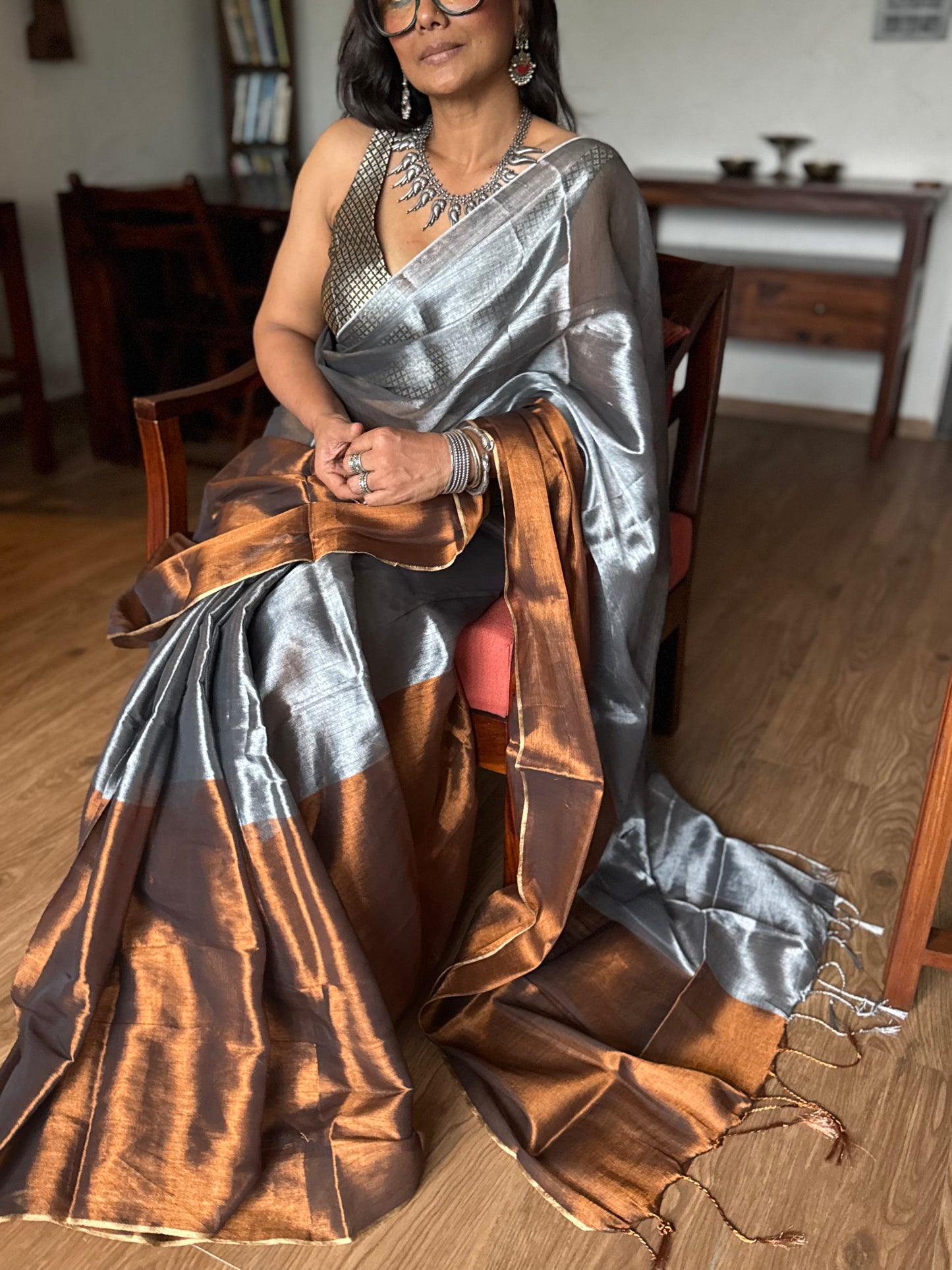 Silver Copper Tissue Silk Saree
