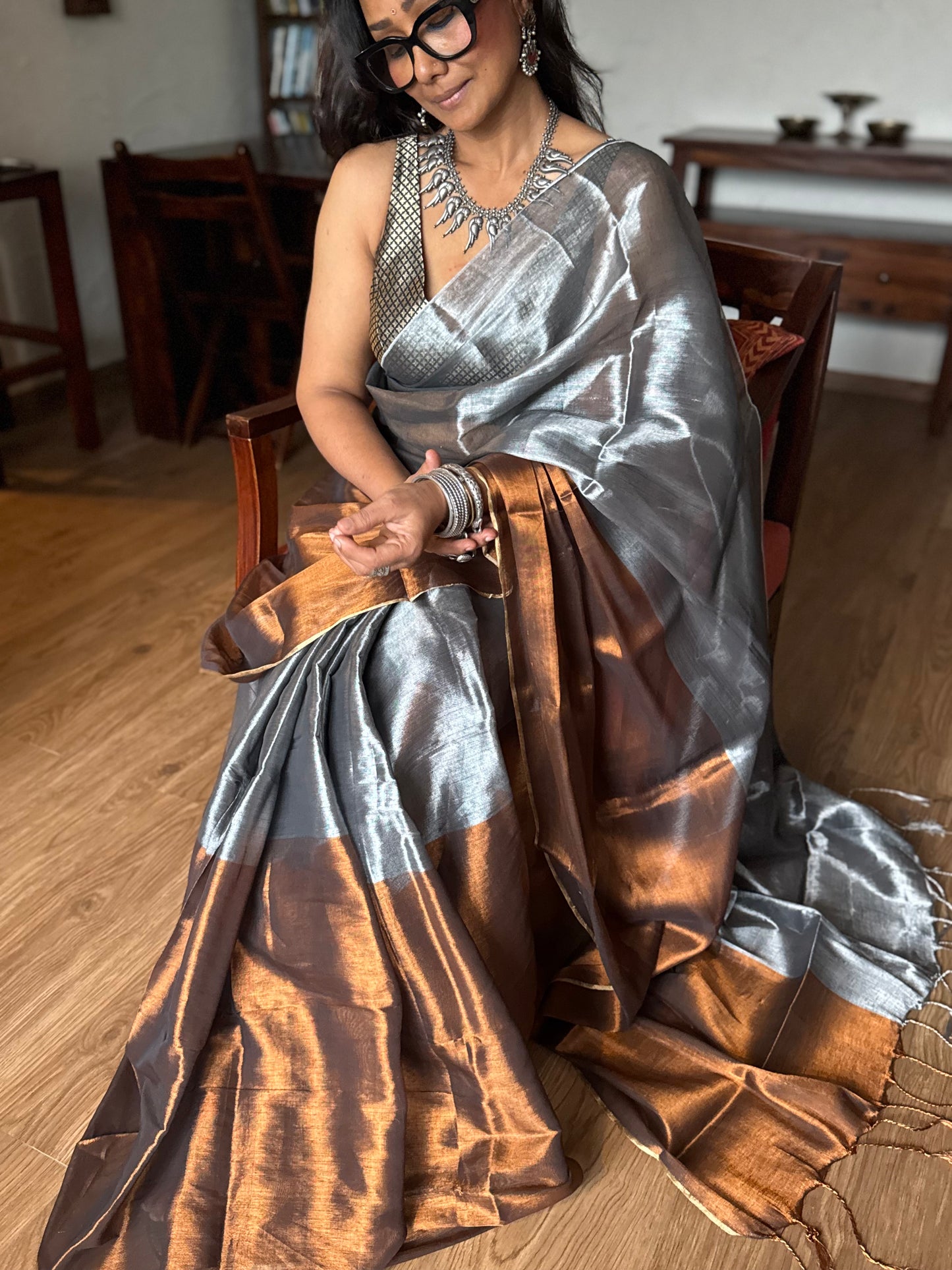 Silver Copper Tissue Silk Saree