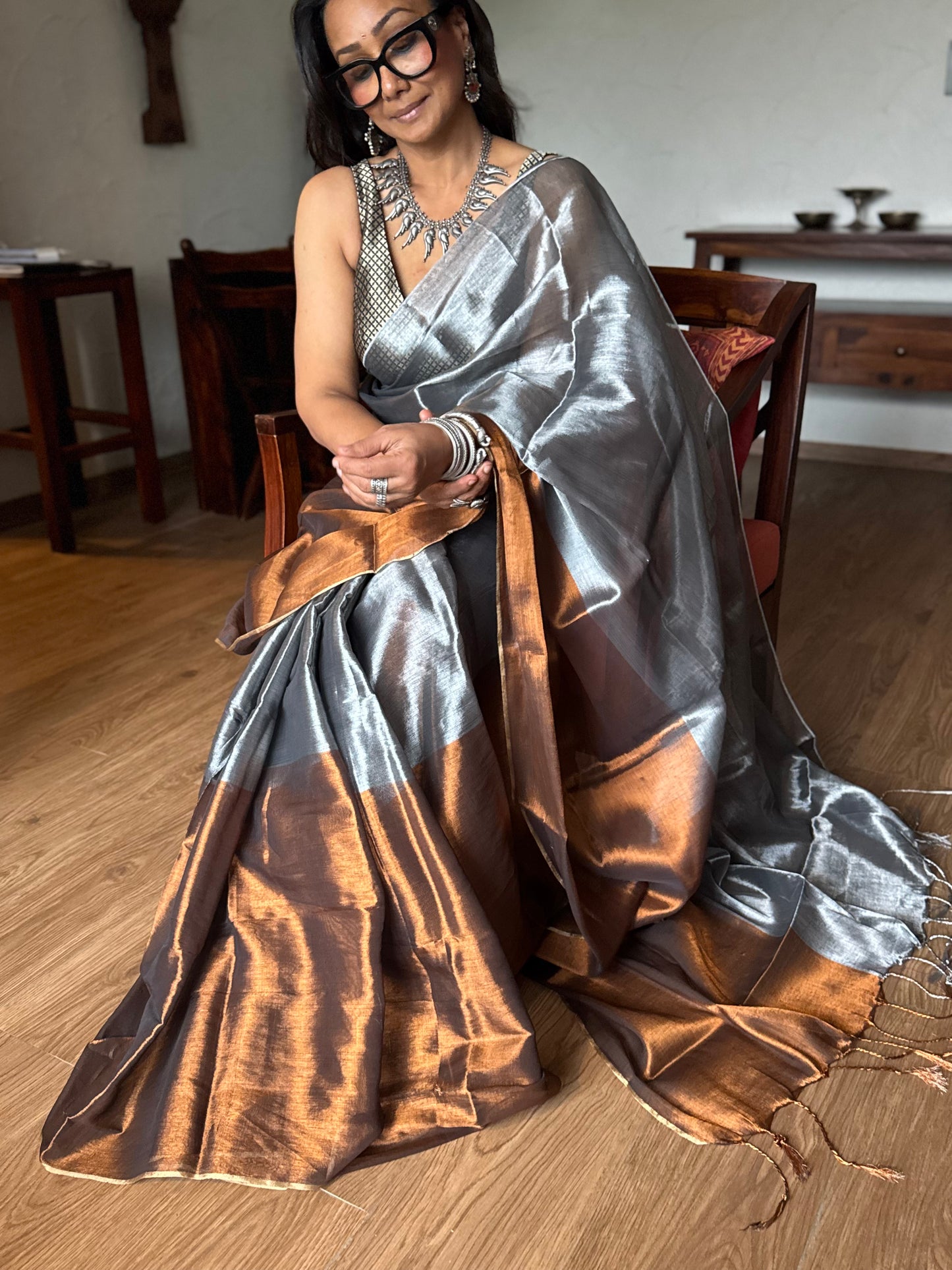 Silver Copper Tissue Silk Saree