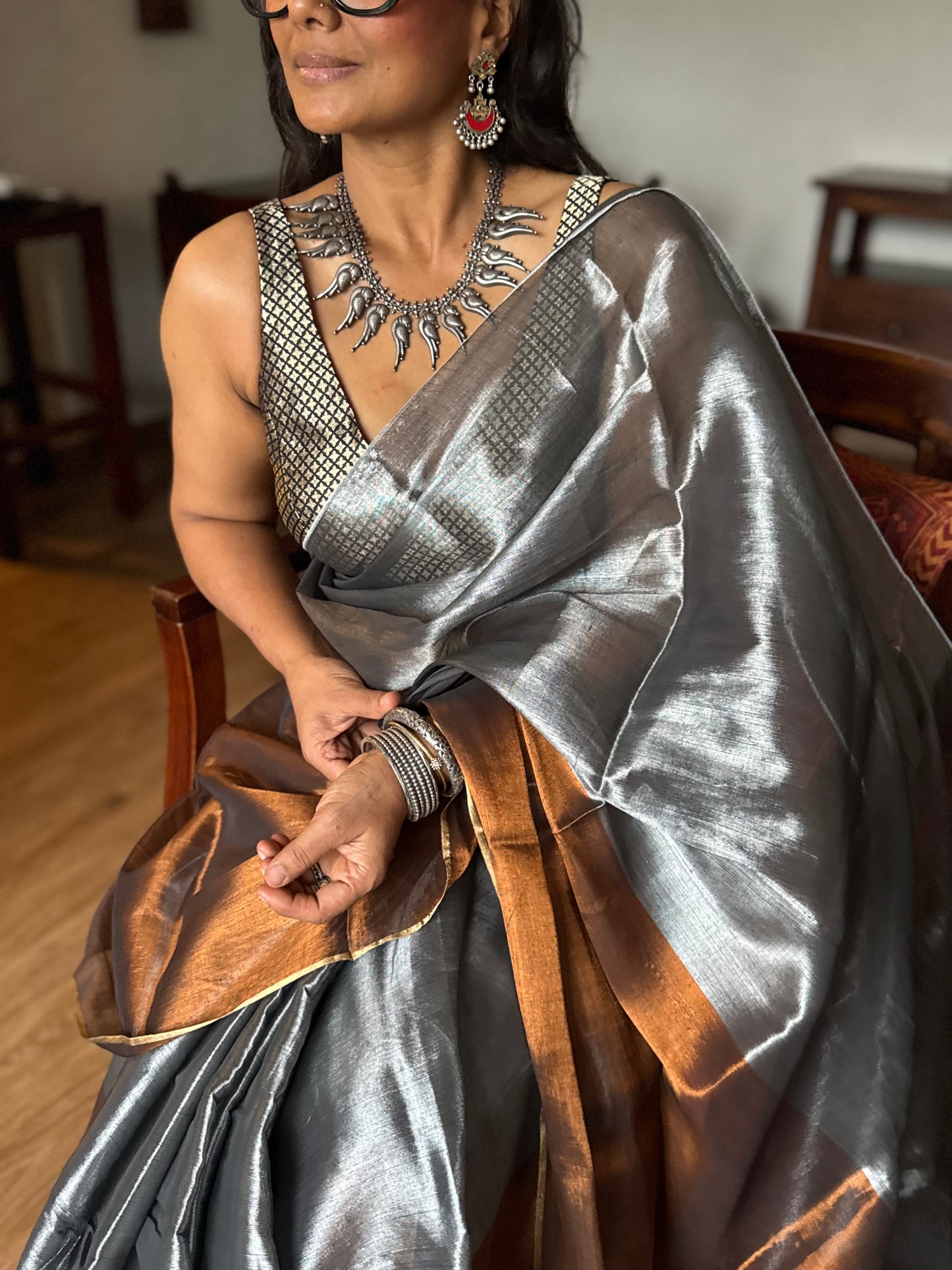Silver Copper Tissue Silk Saree