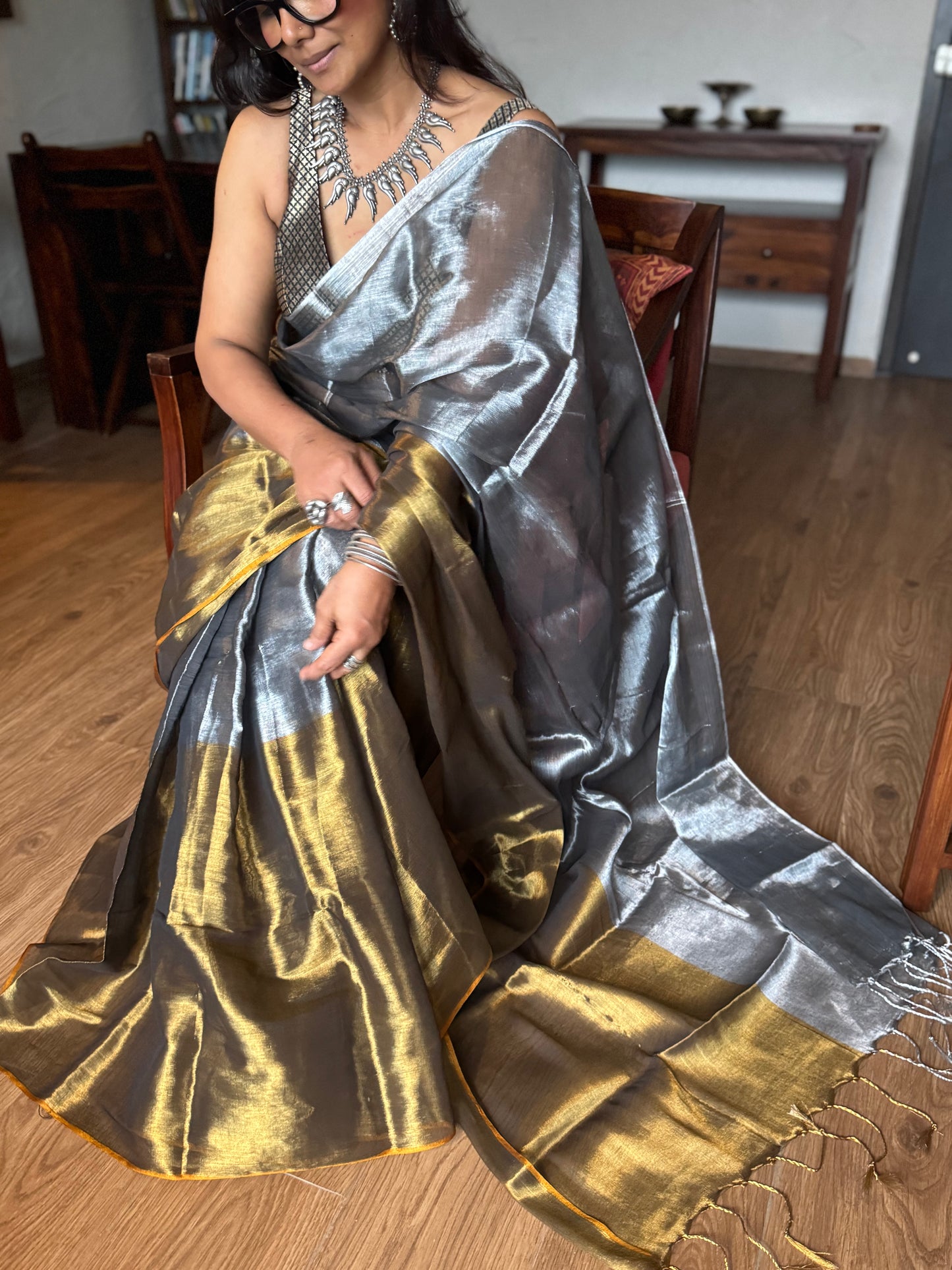 Silver Gold Tissue Silk Saree