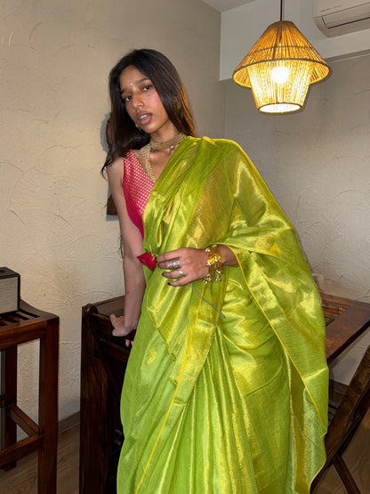 Lemon Green Tissue Silk Saree
