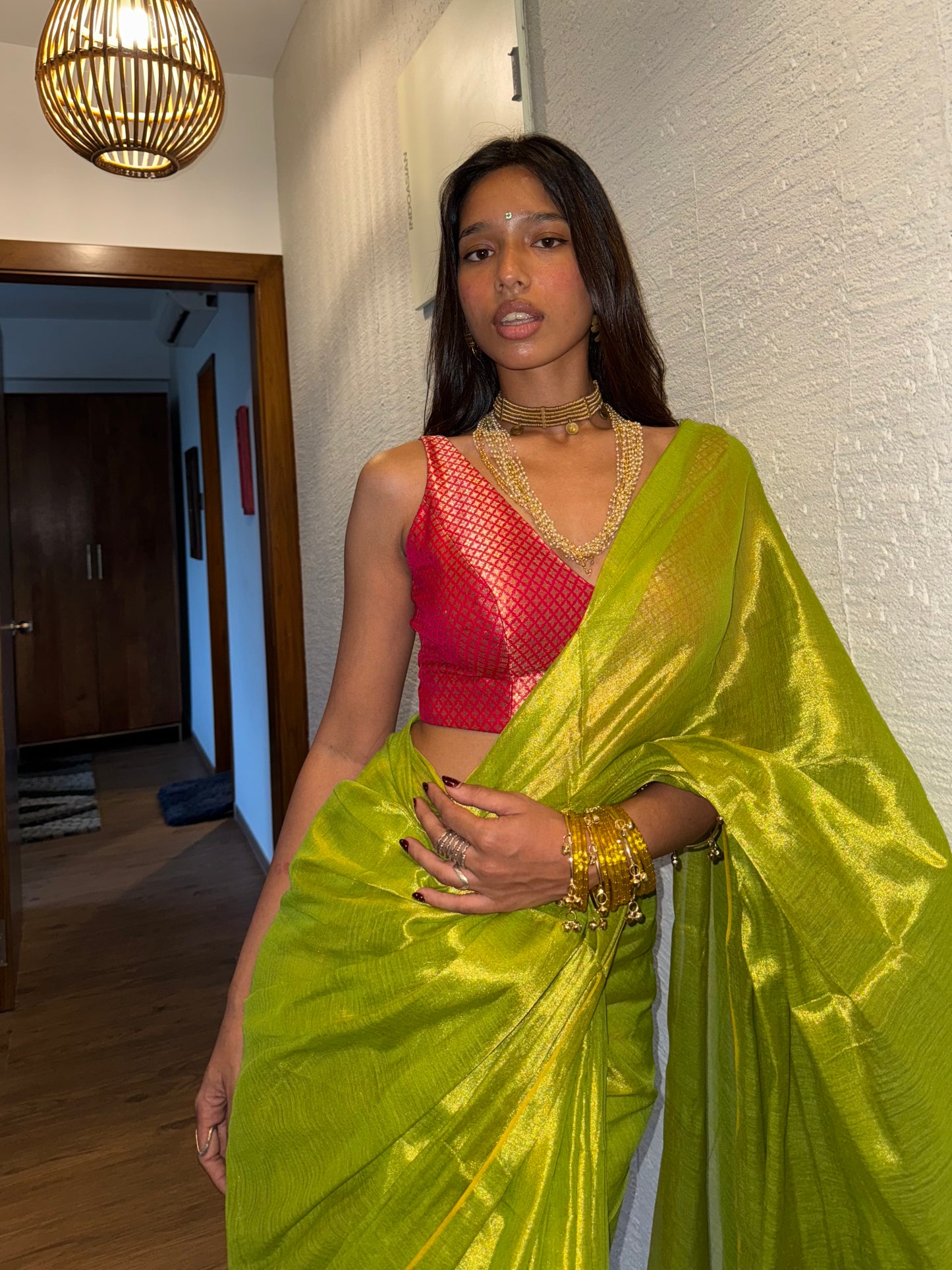 Lemon Green Tissue Silk Saree